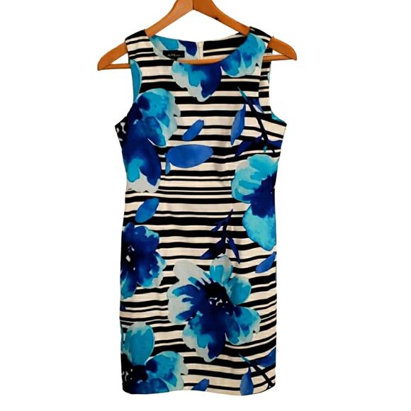 Alyx Petite Midi Dress SZ 6P Stripe Floral Blue Sleeveless Stretch Travel Animal - Picture 1 of 6